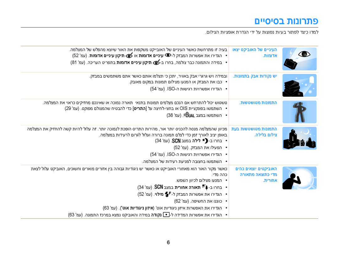 Samsung EC-WB100ZBABIL manual םייסיסב תונורתפ, 52 מע .תומודא םייניע ןוקית 