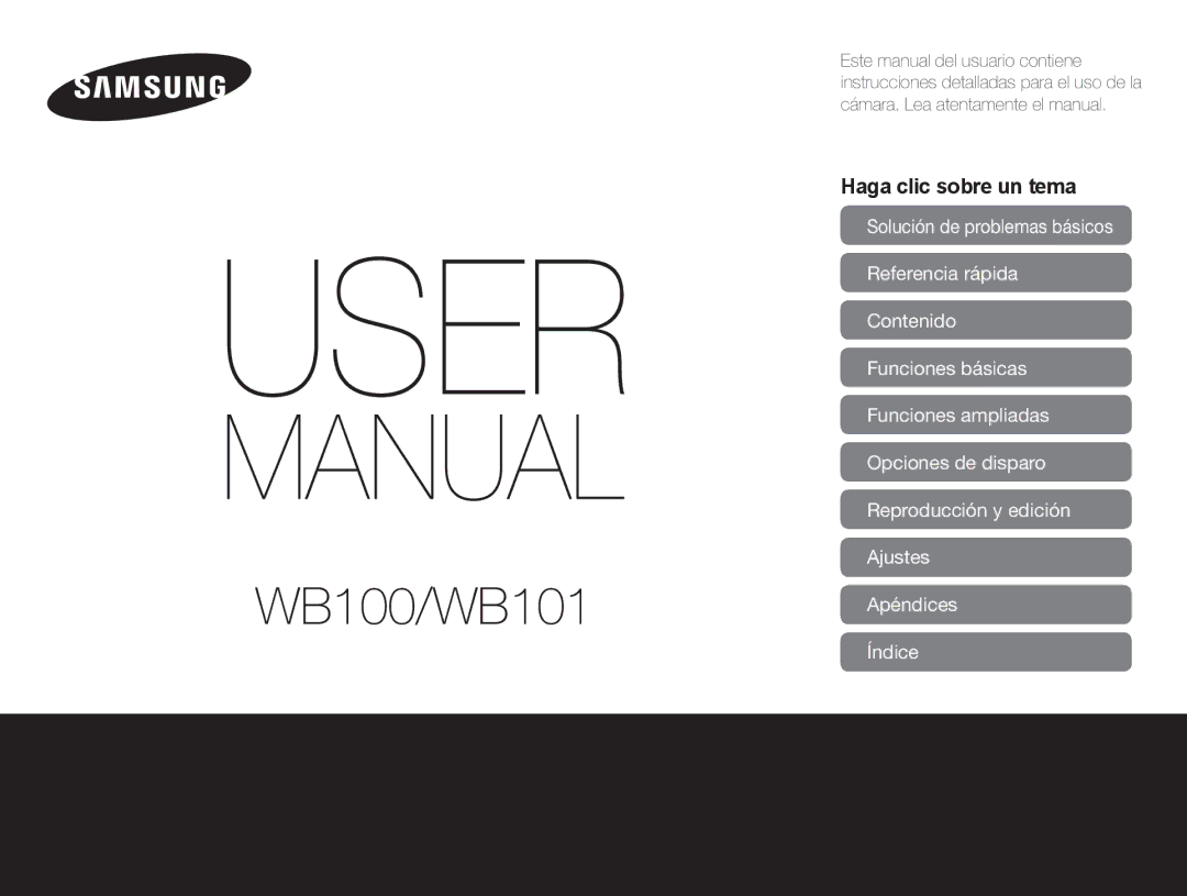 Samsung EC-WB100ZBABE1, EC-WB100ZBARE1, EC-WB100ZBABIL manual Haga clic sobre un tema, Índice 