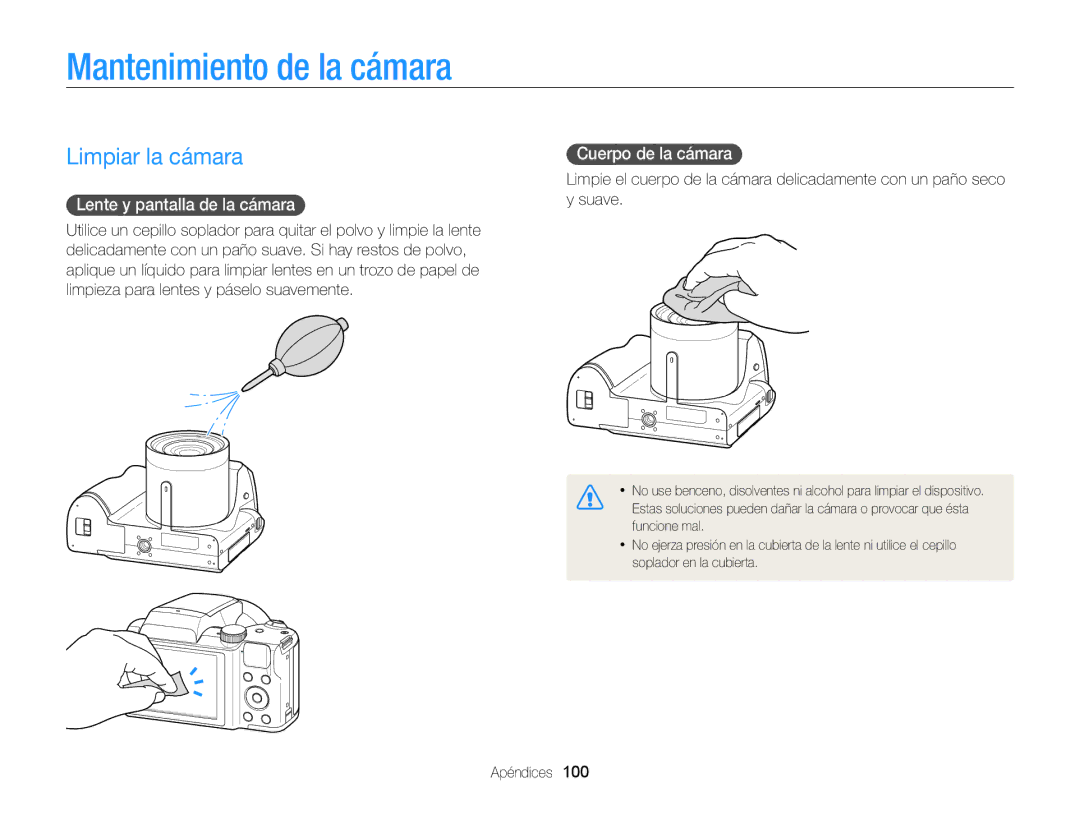 Samsung EC-WB100ZBABIL Mantenimiento de la cámara, Limpiar la cámara, Lente y pantalla de la cámara, Cuerpo de la cámara 