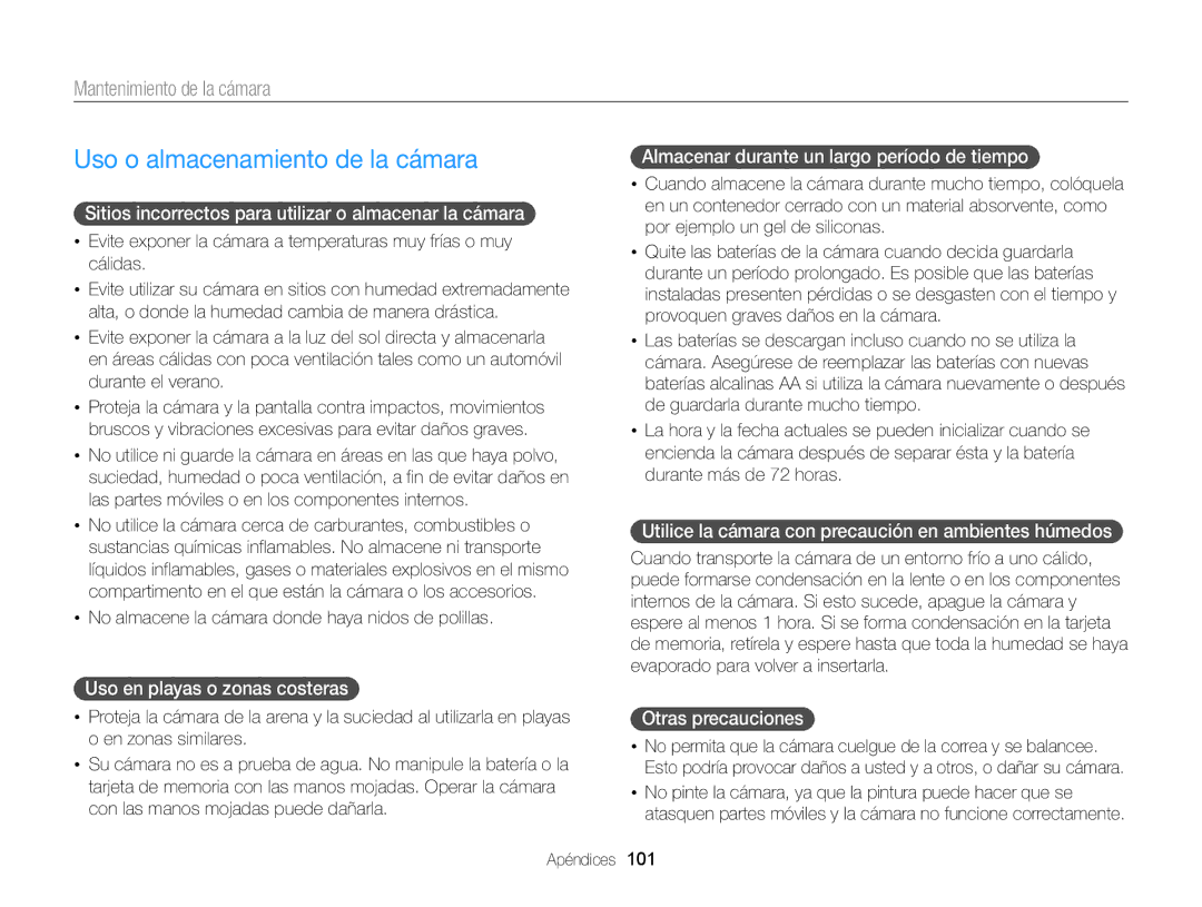 Samsung EC-WB100ZBARE1, EC-WB100ZBABE1 Uso o almacenamiento de la cámara, Mantenimiento de la cámara, Otras precauciones 