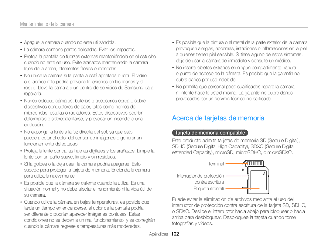 Samsung EC-WB100ZBABE1, EC-WB100ZBARE1 manual Acerca de tarjetas de memoria, Tarjeta de memoria compatible, Terminal 