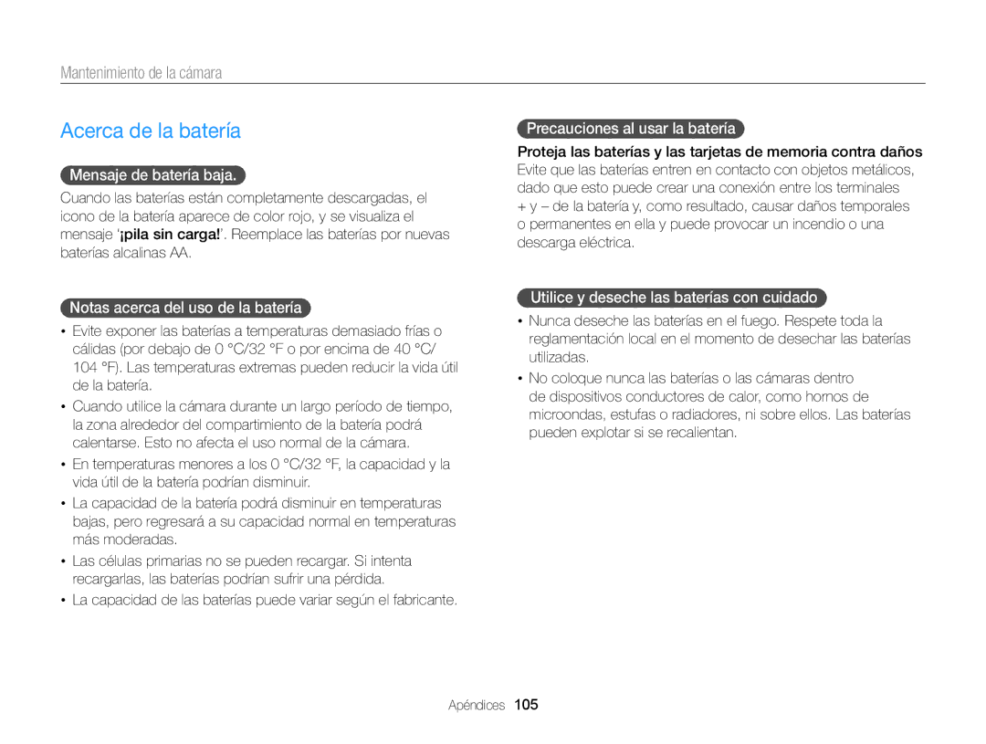 Samsung EC-WB100ZBABE1, EC-WB100ZBARE1 Acerca de la batería, Mensaje de batería baja, Notas acerca del uso de la batería 