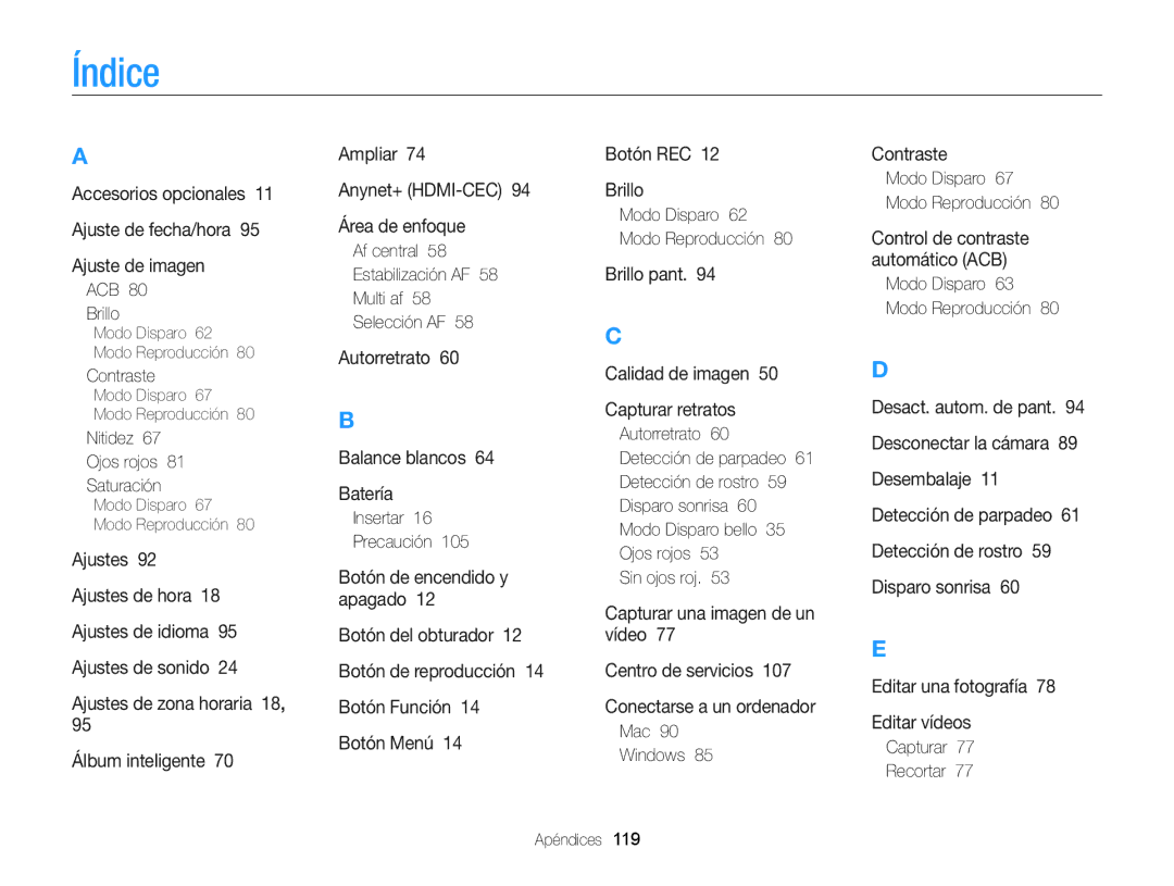 Samsung EC-WB100ZBARE1, EC-WB100ZBABE1, EC-WB100ZBABIL manual Índice 