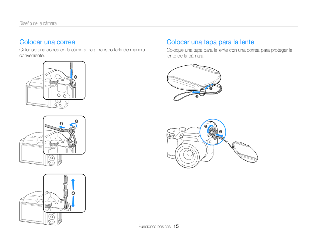 Samsung EC-WB100ZBABE1, EC-WB100ZBARE1, EC-WB100ZBABIL manual Colocar una correa, Colocar una tapa para la lente 