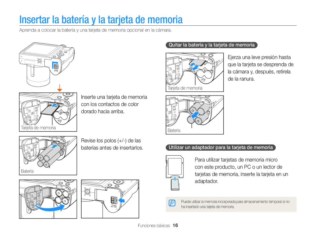 Samsung EC-WB100ZBABIL, EC-WB100ZBARE1 manual Insertar la batería y la tarjeta de memoria, Revise los polos +/- de las 