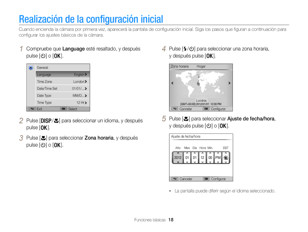 Samsung EC-WB100ZBABE1 Realización de la configuración inicial, Compruebe que Language esté resaltado, y después pulse o 