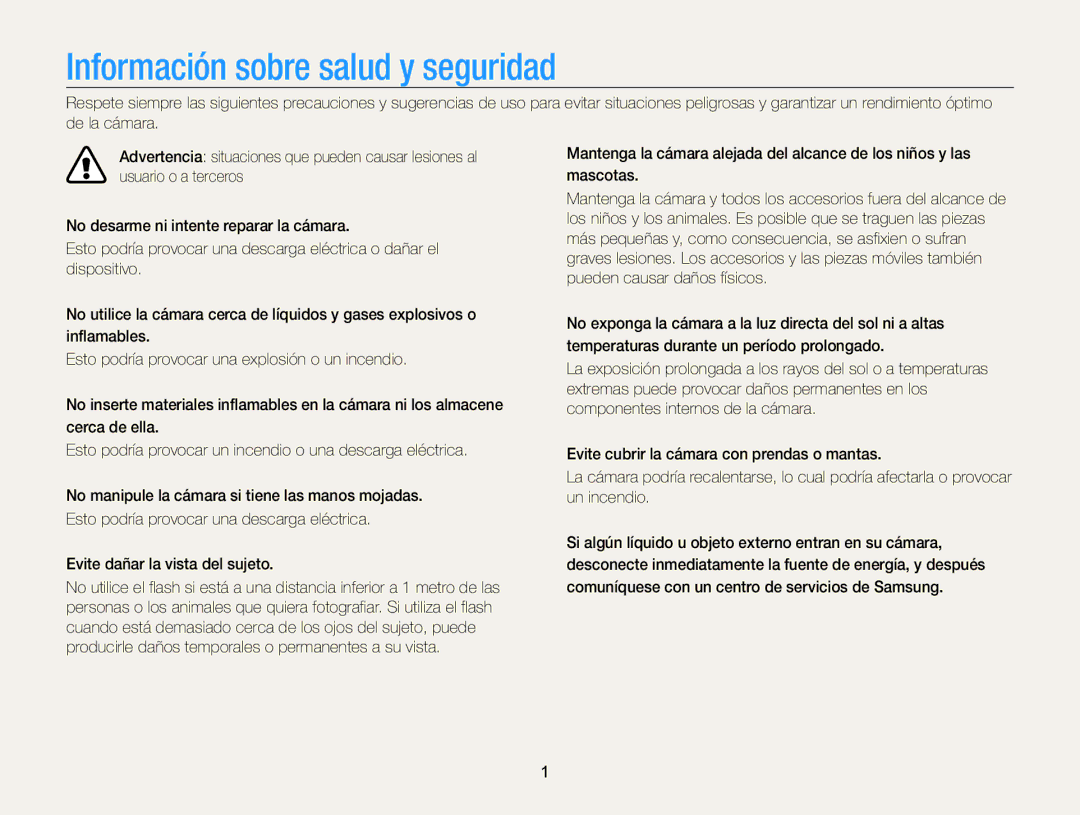 Samsung EC-WB100ZBABIL, EC-WB100ZBARE1, EC-WB100ZBABE1 manual Información sobre salud y seguridad 