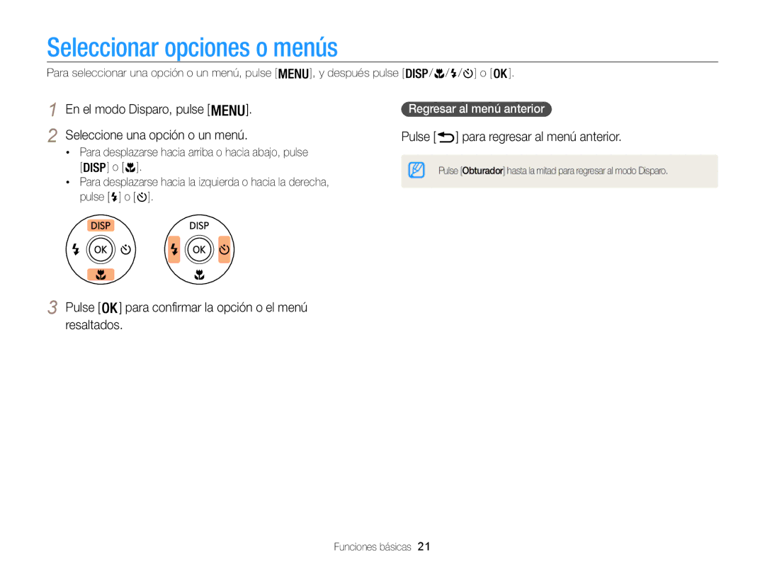 Samsung EC-WB100ZBABE1 manual Seleccionar opciones o menús, Pulse para regresar al menú anterior, Regresar al menú anterior 