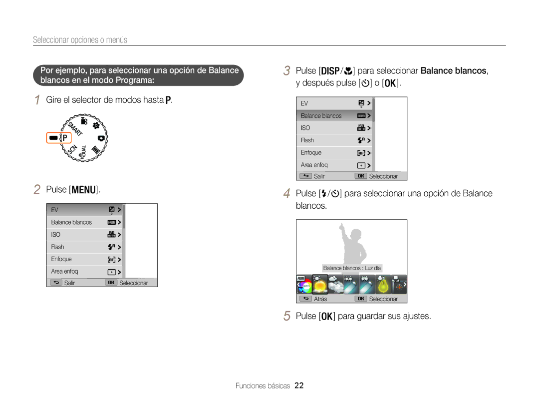 Samsung EC-WB100ZBABIL manual Seleccionar opciones o menús, Pulse / para seleccionar una opción de Balance blancos 