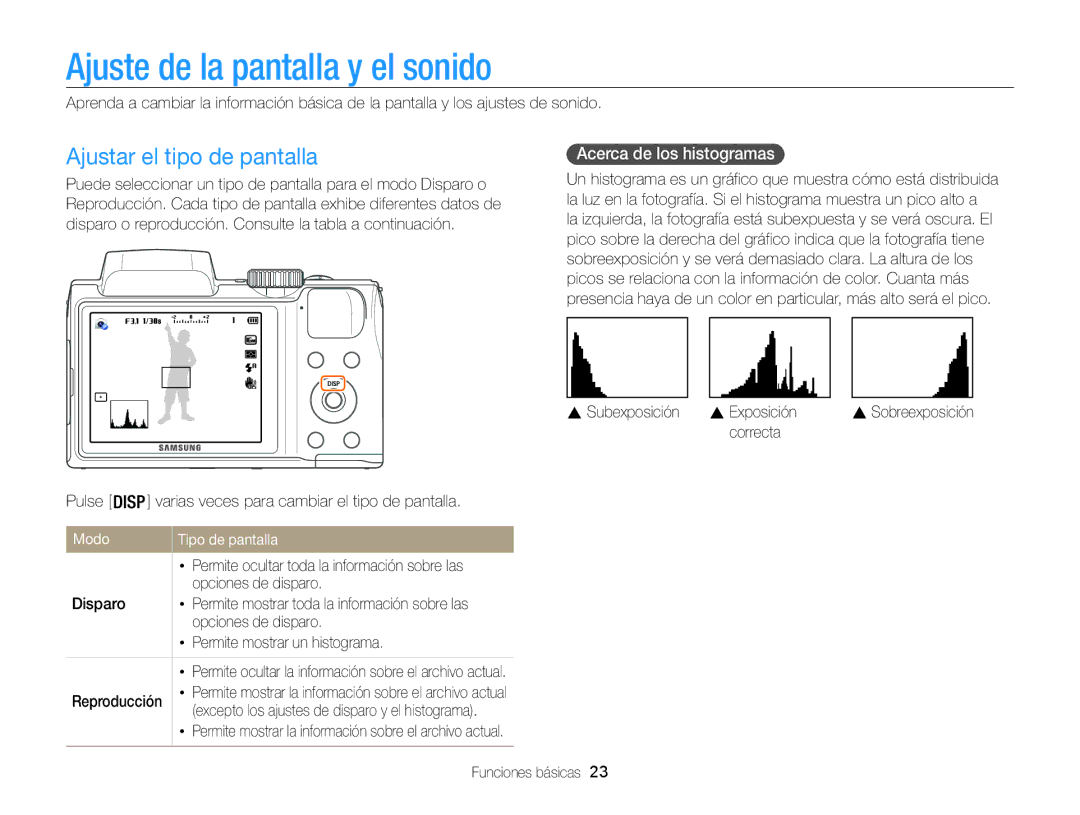 Samsung EC-WB100ZBARE1 Ajuste de la pantalla y el sonido, Ajustar el tipo de pantalla, Acerca de los histogramas, Modo 