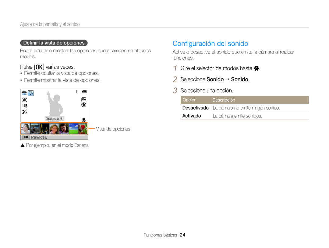 Samsung EC-WB100ZBABE1, EC-WB100ZBARE1, EC-WB100ZBABIL manual Configuración del sonido, Ajuste de la pantalla y el sonido 