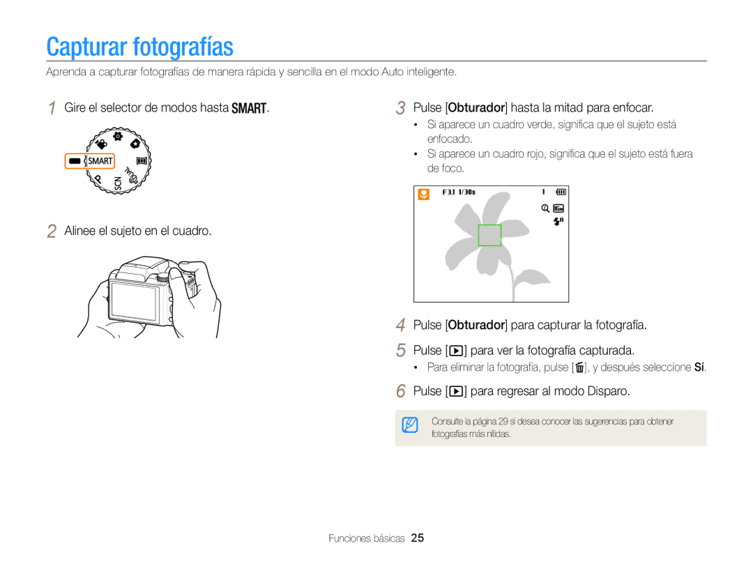 Samsung EC-WB100ZBABIL manual Capturar fotografías, Alinee el sujeto en el cuadro, Pulse para regresar al modo Disparo 