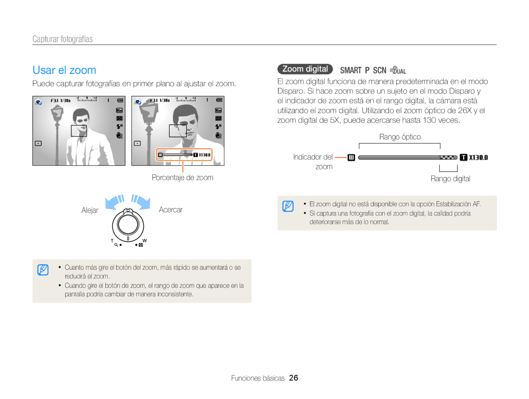 Samsung EC-WB100ZBARE1 Usar el zoom, Capturar fotografías, Zoom digital, Rango óptico Indicador del zoom Rango digital 