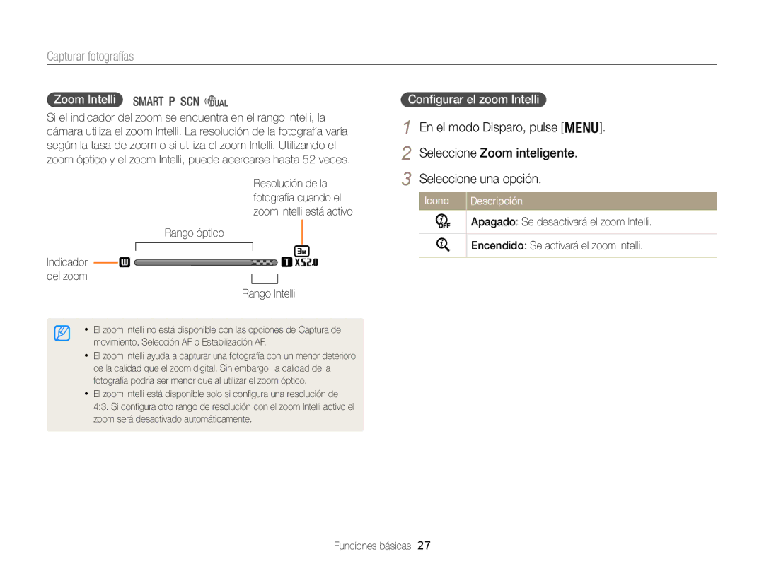 Samsung EC-WB100ZBABE1 manual Zoom Intelli, Configurar el zoom Intelli, Rango óptico Indicador del zoom Rango Intelli 