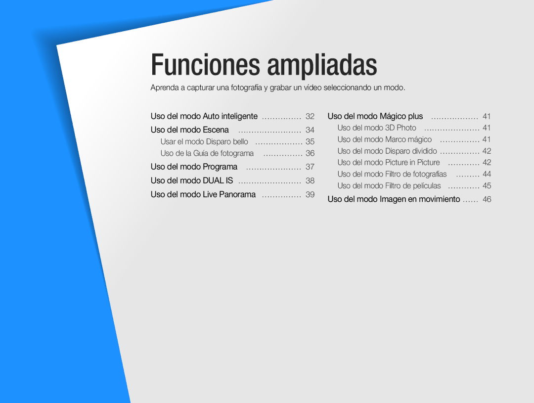 Samsung EC-WB100ZBABIL, EC-WB100ZBARE1, EC-WB100ZBABE1 manual Funciones ampliadas 