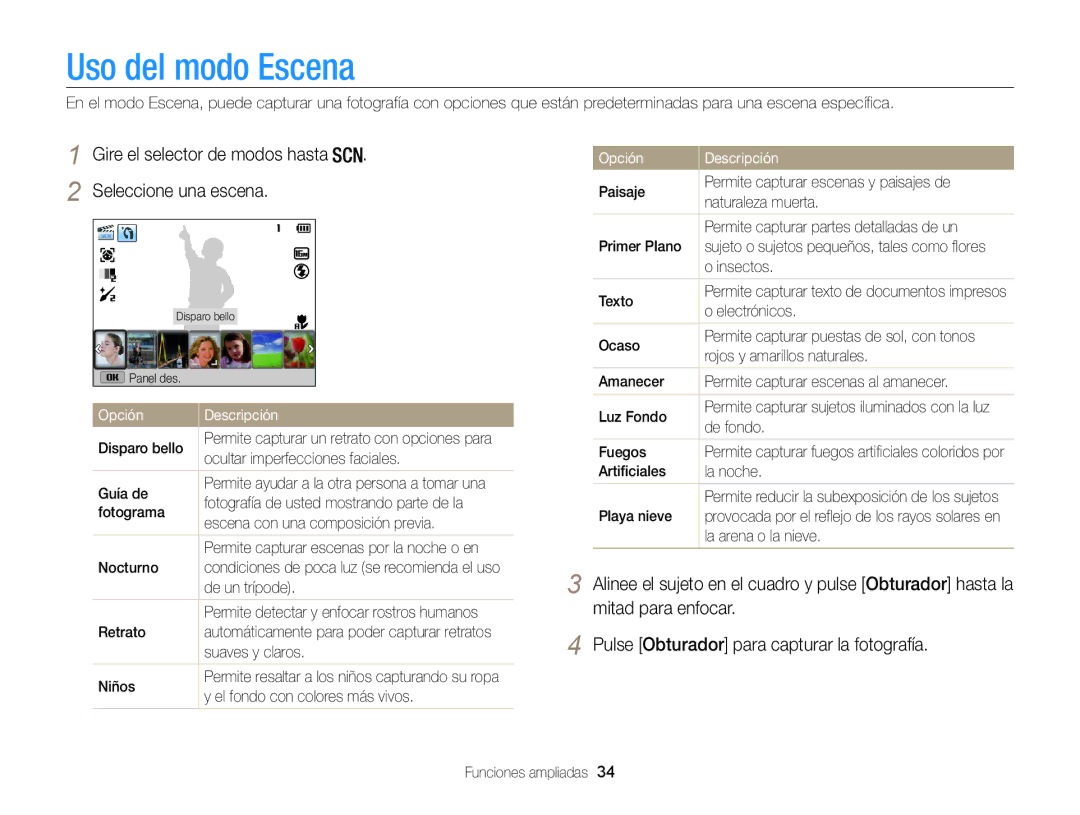 Samsung EC-WB100ZBABIL, EC-WB100ZBARE1 manual Uso del modo Escena, Gire el selector de modos hasta Seleccione una escena 