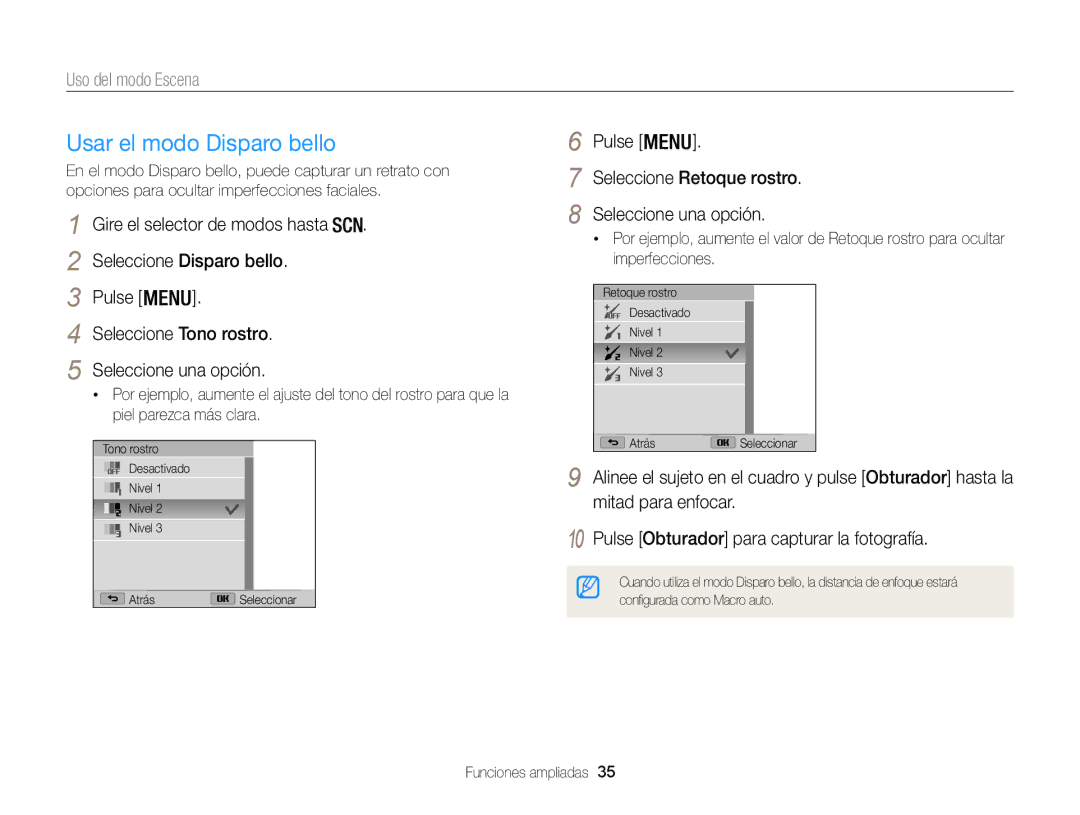 Samsung EC-WB100ZBARE1, EC-WB100ZBABE1 manual Usar el modo Disparo bello, Uso del modo Escena, Seleccione Retoque rostro 