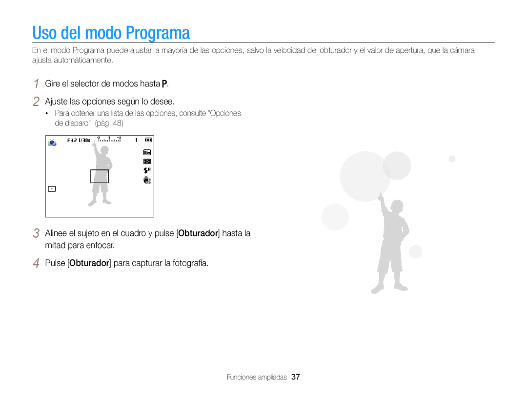 Samsung EC-WB100ZBABIL, EC-WB100ZBARE1, EC-WB100ZBABE1 manual Uso del modo Programa 