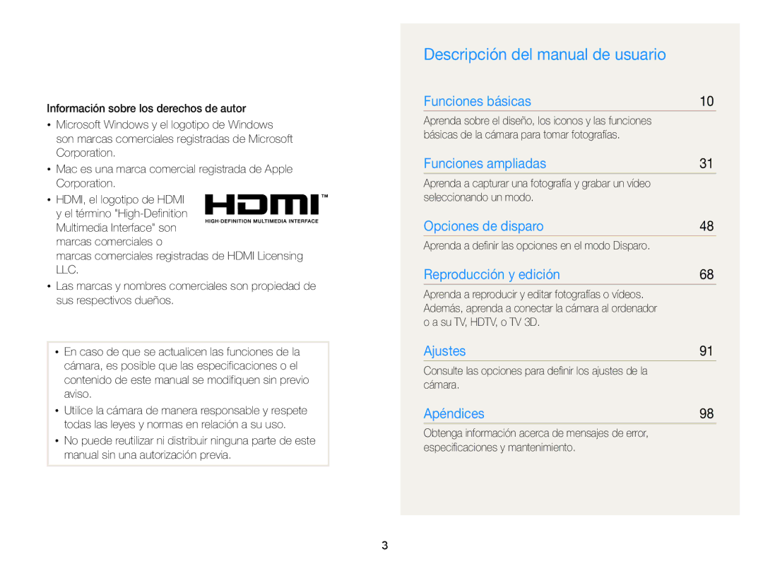 Samsung EC-WB100ZBABE1, EC-WB100ZBARE1, EC-WB100ZBABIL Descripción del manual de usuario 