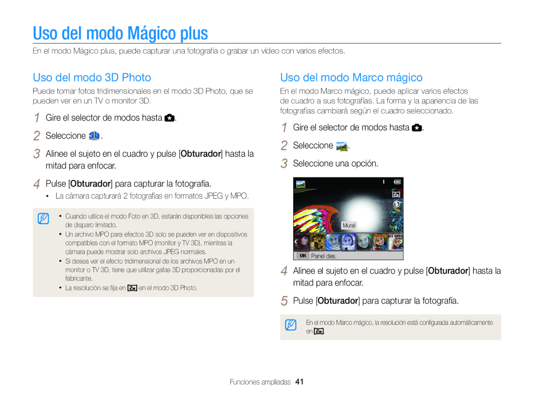 Samsung EC-WB100ZBARE1 manual Uso del modo Mágico plus, Uso del modo 3D Photo, Uso del modo Marco mágico, Seleccione 