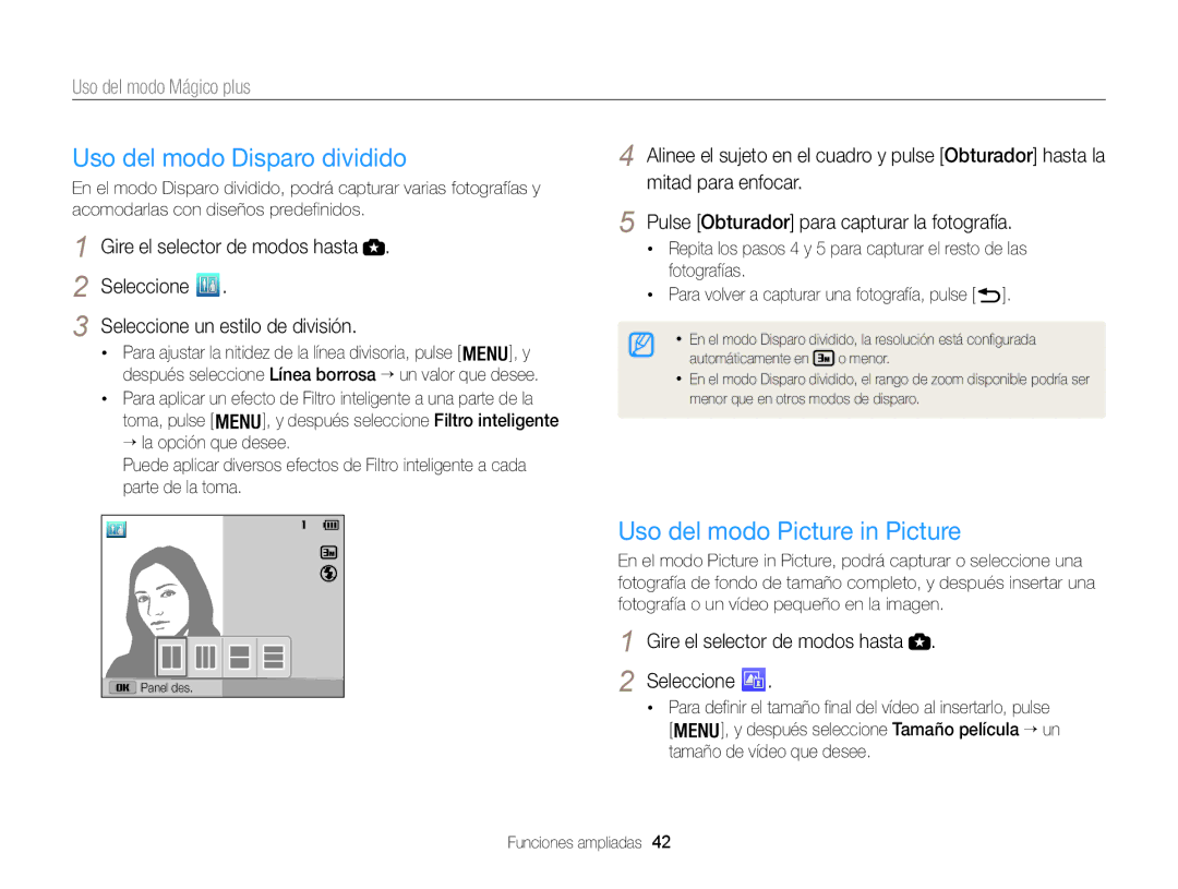 Samsung EC-WB100ZBABE1 manual Uso del modo Disparo dividido, Uso del modo Picture in Picture, Uso del modo Mágico plus 