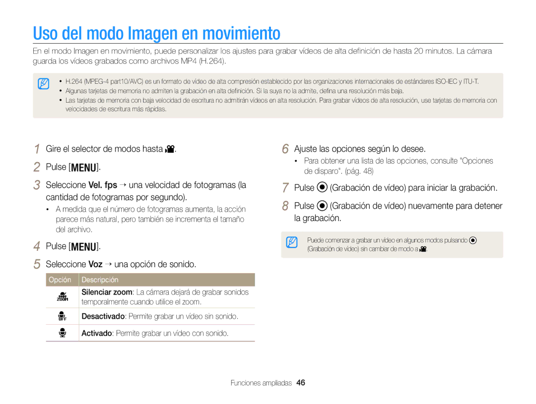 Samsung EC-WB100ZBABIL manual Uso del modo Imagen en movimiento, Cantidad de fotogramas por segundo Pulse, La grabación 