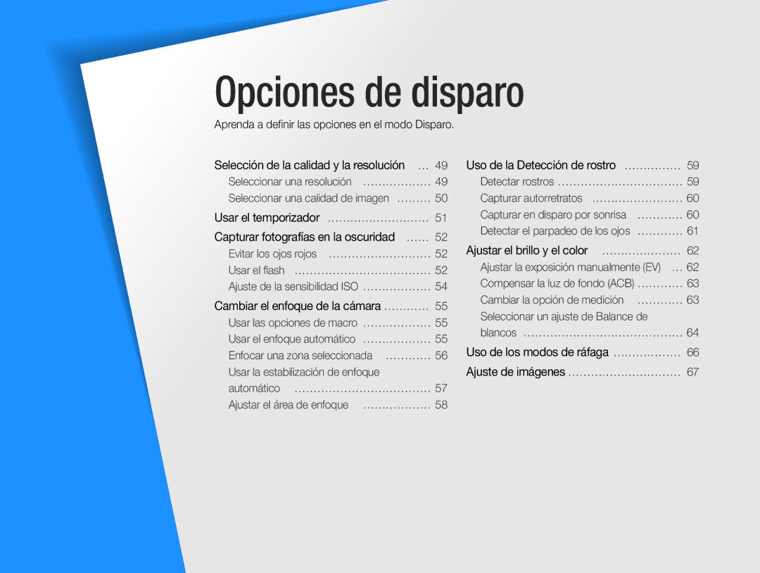 Samsung EC-WB100ZBABE1 manual Aprenda a definir las opciones en el modo Disparo, Cambiar el enfoque de la cámara ………… 