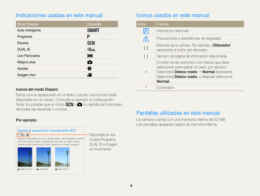 Samsung EC-WB100ZBABIL, EC-WB100ZBARE1, EC-WB100ZBABE1 Indicaciones usadas en este manual, Iconos usados en este manual 