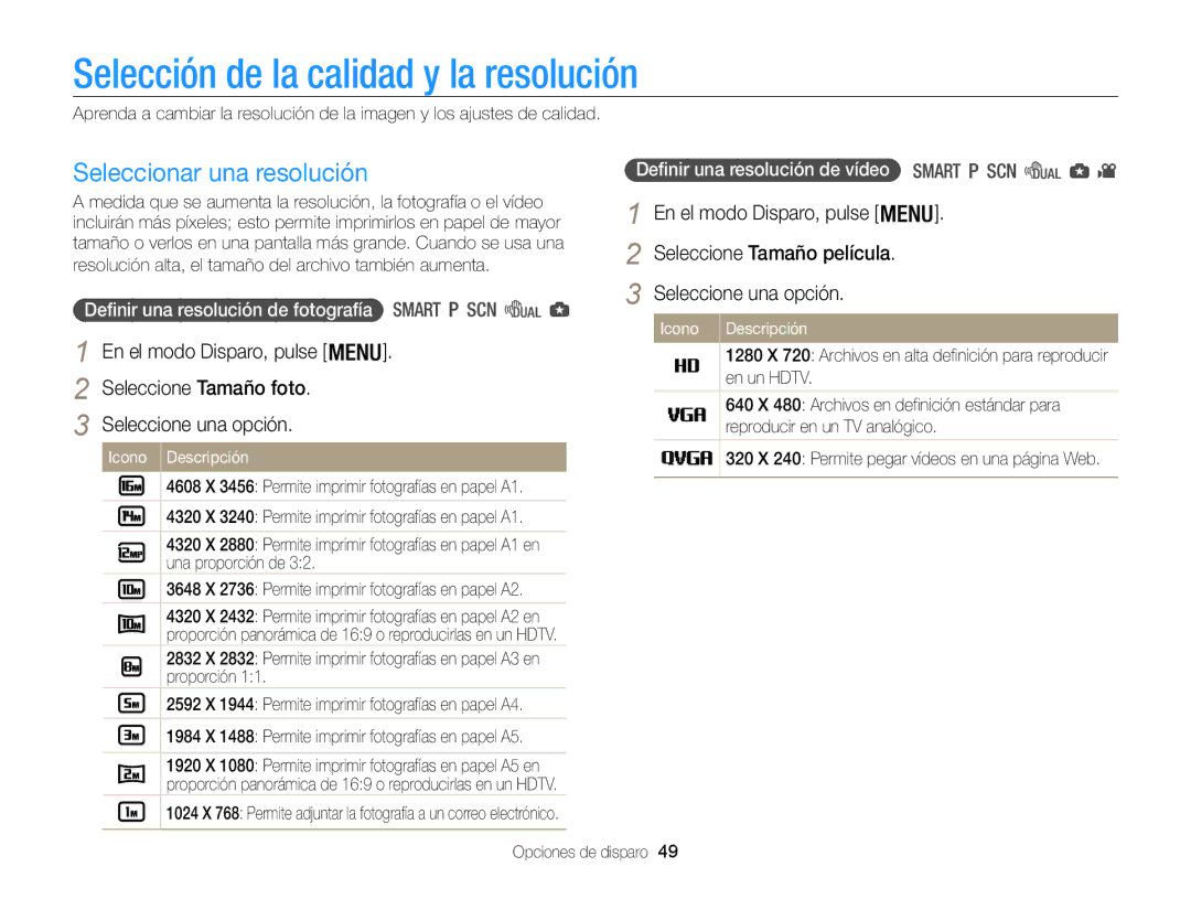 Samsung EC-WB100ZBABIL, EC-WB100ZBARE1, EC-WB100ZBABE1 Selección de la calidad y la resolución, Seleccionar una resolución 