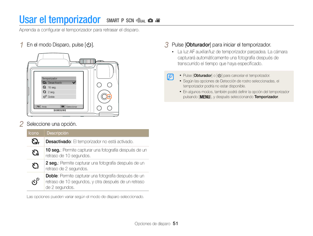 Samsung EC-WB100ZBABE1 manual Usar el temporizador, En el modo Disparo, pulse, Pulse Obturador para iniciar el temporizador 