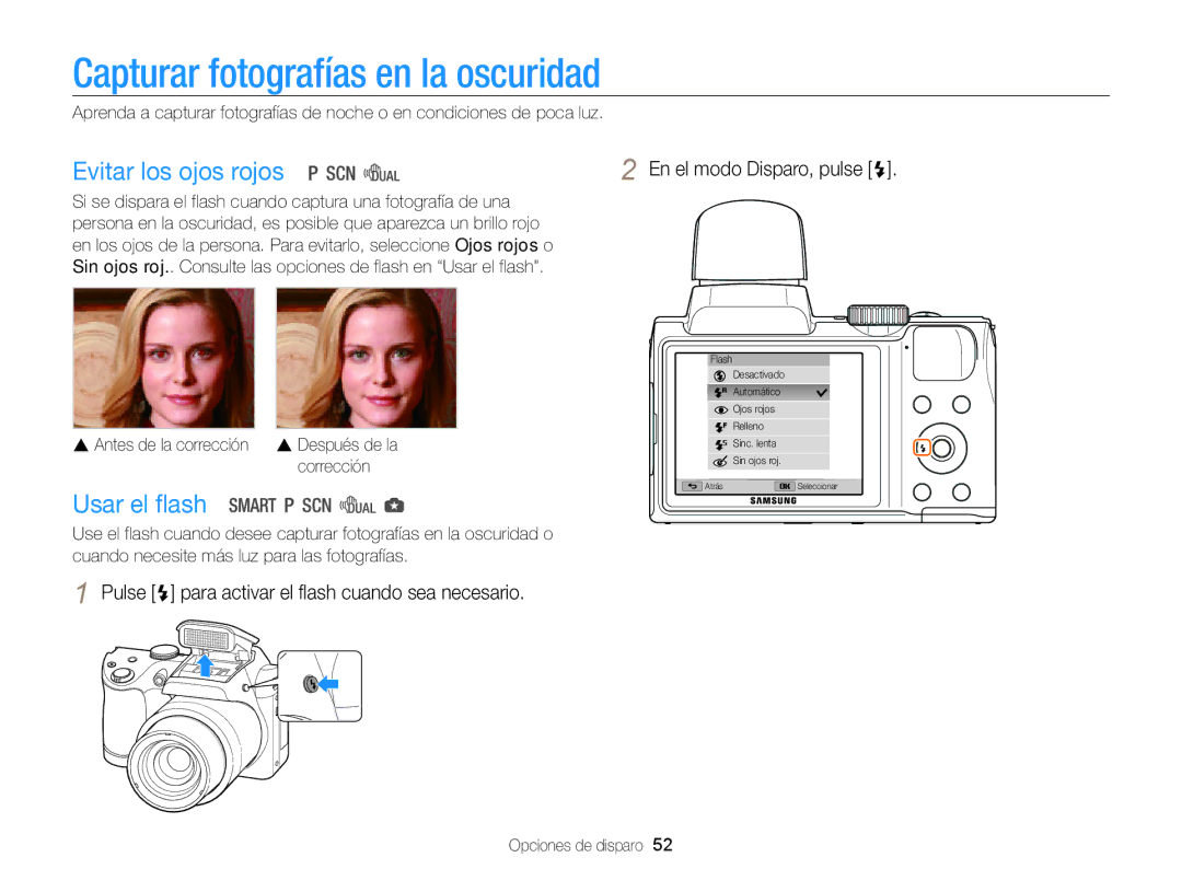 Samsung EC-WB100ZBABIL, EC-WB100ZBARE1 manual Capturar fotografías en la oscuridad, Evitar los ojos rojos, Usar el flash 