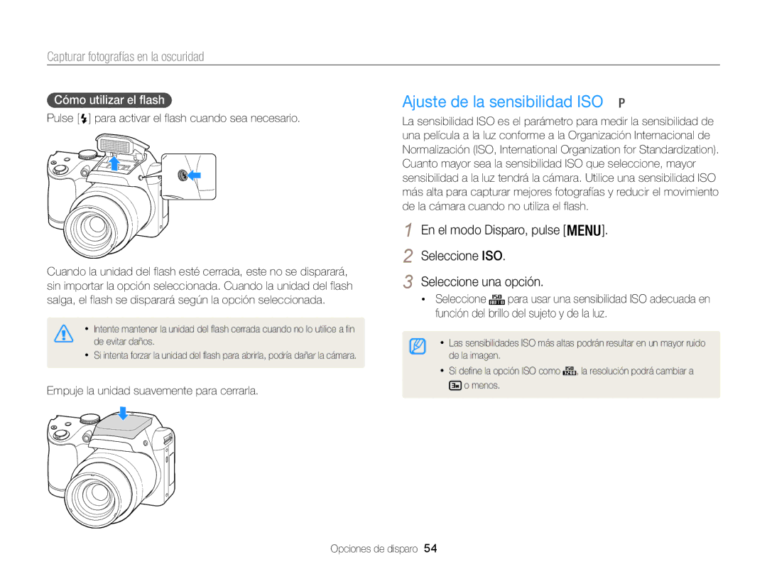 Samsung EC-WB100ZBABE1 Ajuste de la sensibilidad ISO, Cómo utilizar el flash, Empuje la unidad suavemente para cerrarla 