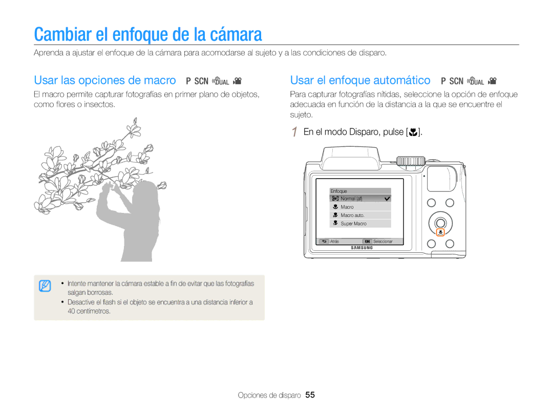 Samsung EC-WB100ZBABIL manual Cambiar el enfoque de la cámara, Usar las opciones de macro Usar el enfoque automático 