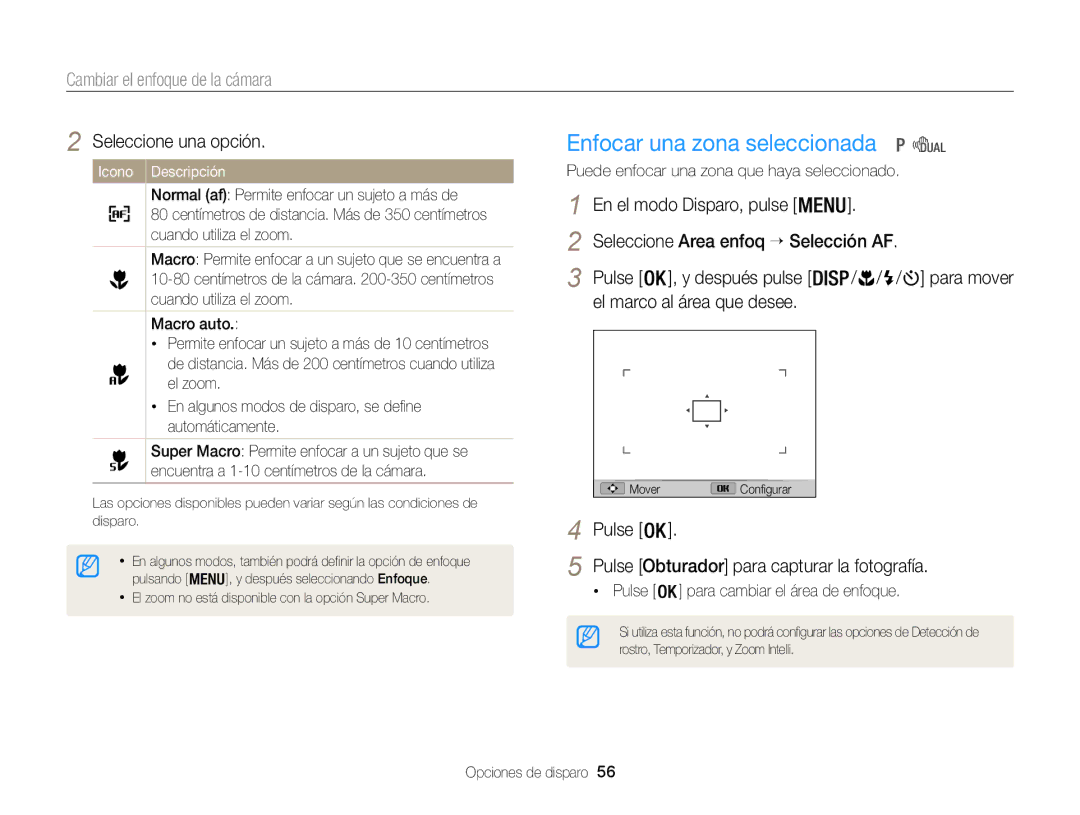 Samsung EC-WB100ZBARE1, EC-WB100ZBABE1 Enfocar una zona seleccionada, Cambiar el enfoque de la cámara,  / / / para mover 