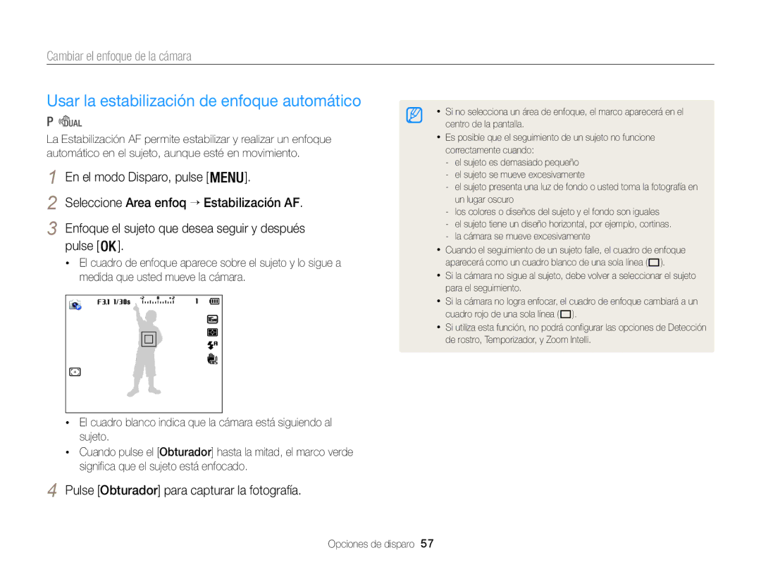 Samsung EC-WB100ZBABE1 manual Usar la estabilización de enfoque automático, Seleccione Area enfoq → Estabilización AF 