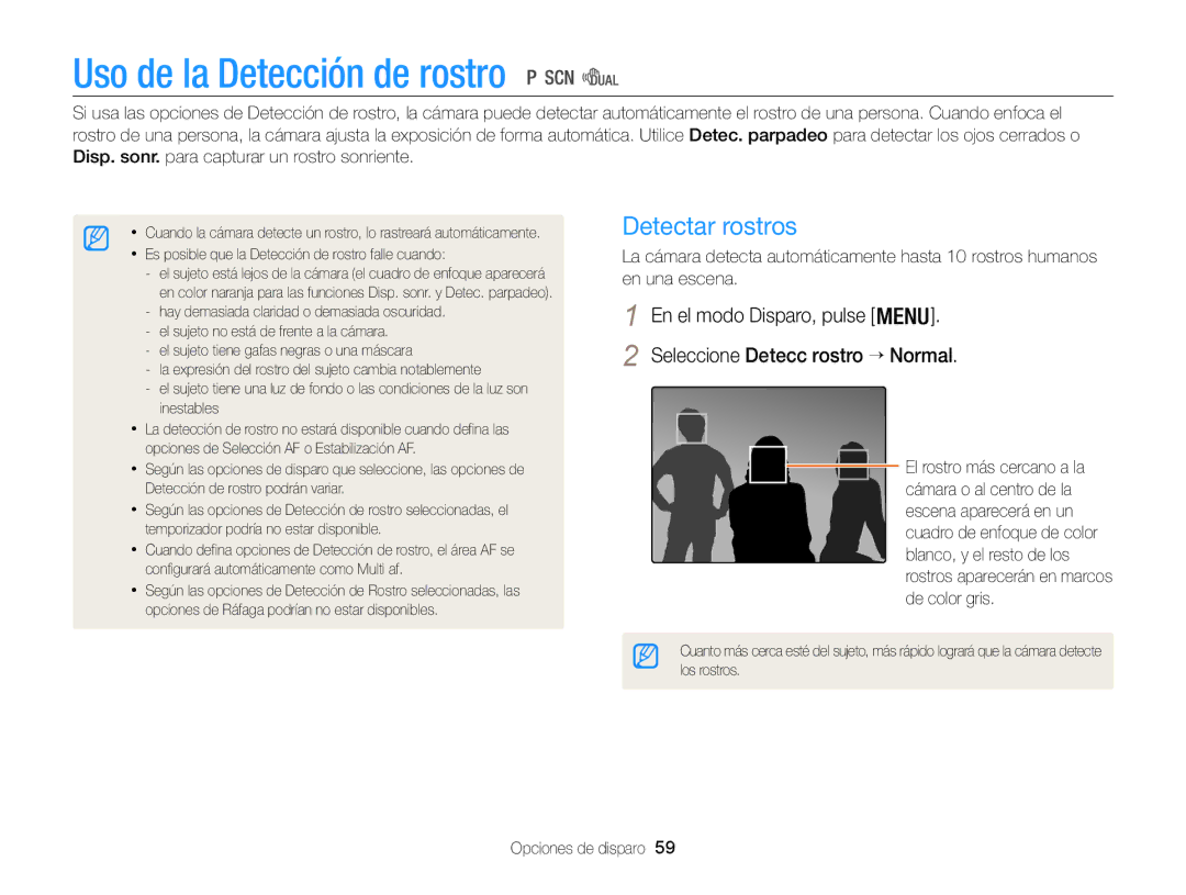 Samsung EC-WB100ZBARE1, EC-WB100ZBABE1 Uso de la Detección de rostro, Detectar rostros, Seleccione Detecc rostro → Normal 