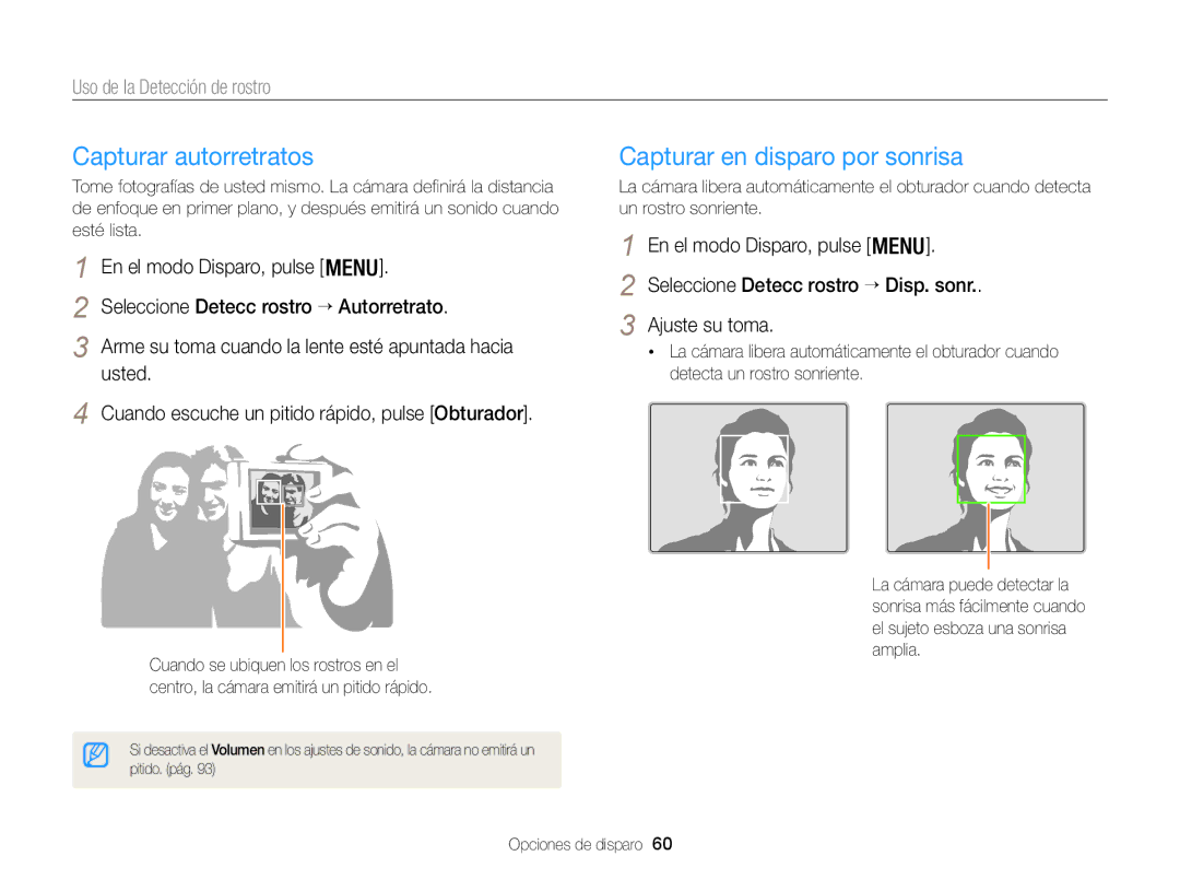 Samsung EC-WB100ZBABE1 manual Capturar autorretratos, Capturar en disparo por sonrisa, Uso de la Detección de rostro 