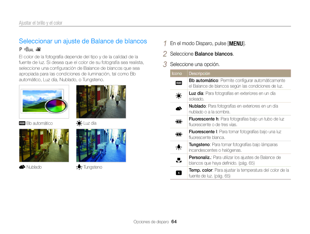 Samsung EC-WB100ZBABIL Seleccionar un ajuste de Balance de blancos, En el modo Disparo, pulse Seleccione Balance blancos 