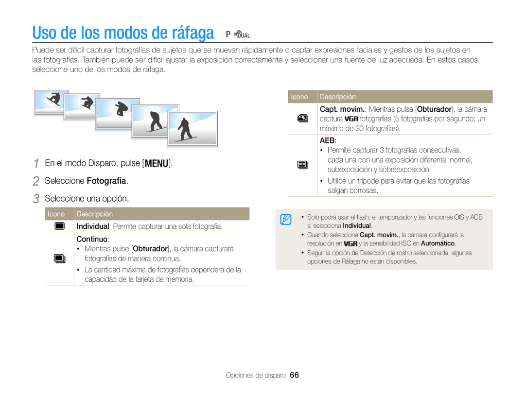 Samsung EC-WB100ZBABE1, EC-WB100ZBARE1, EC-WB100ZBABIL manual Uso de los modos de ráfaga, Aeb 