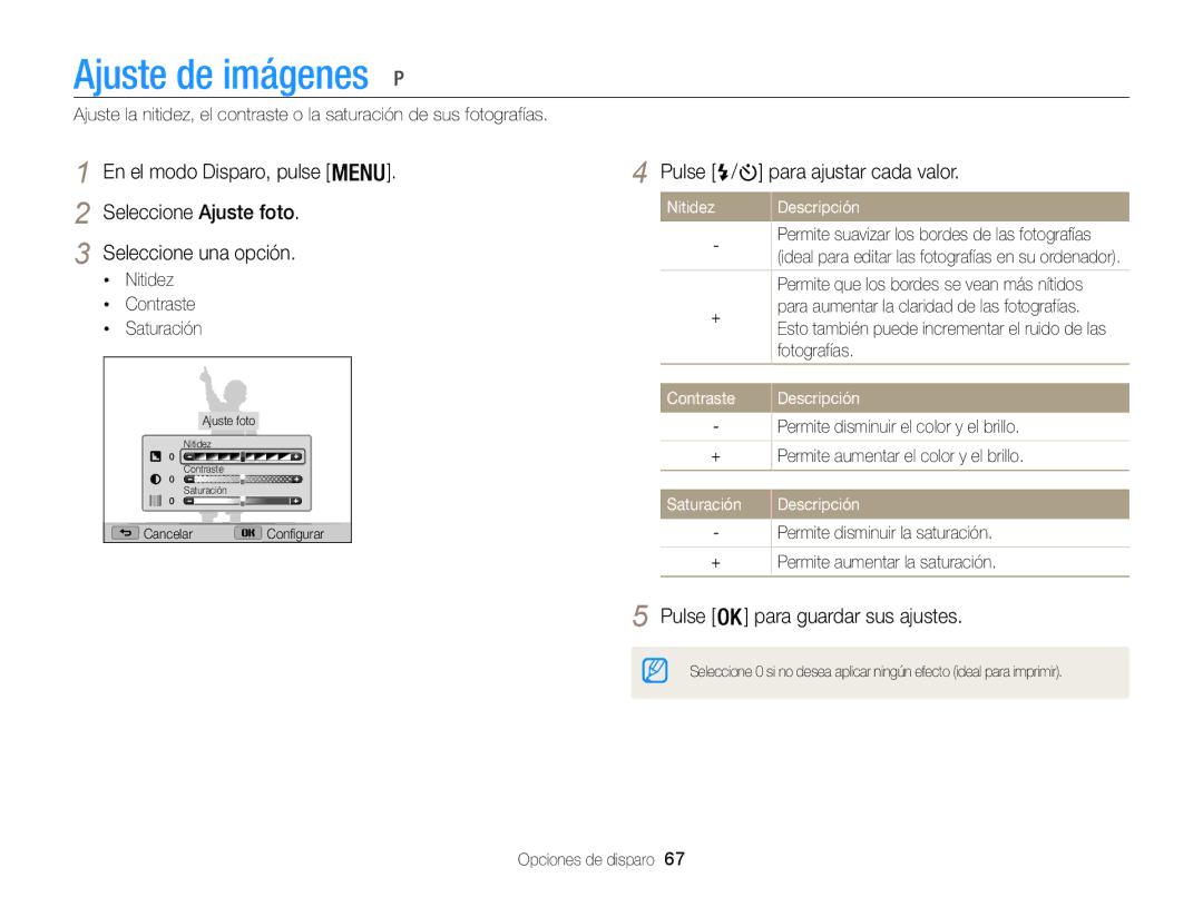 Samsung EC-WB100ZBABIL, EC-WB100ZBARE1 Ajuste de imágenes, Pulse / para ajustar cada valor, Nitidez, Contraste, Saturación 