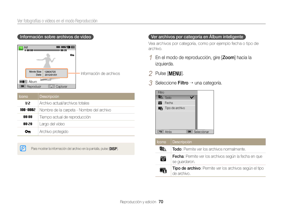 Samsung EC-WB100ZBABIL manual Ver fotografías o vídeos en el modo Reproducción, Información sobre archivos de vídeo 