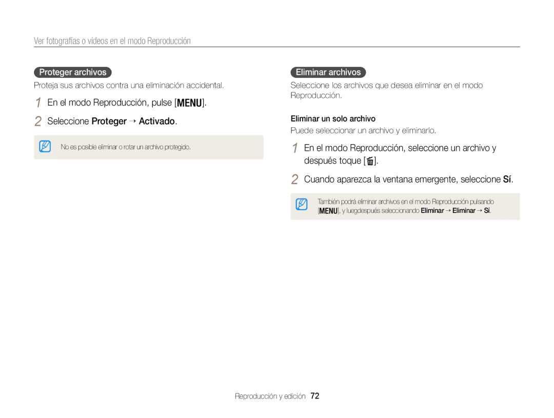 Samsung EC-WB100ZBABE1 manual Proteger archivos, Eliminar archivos, Proteja sus archivos contra una eliminación accidental 