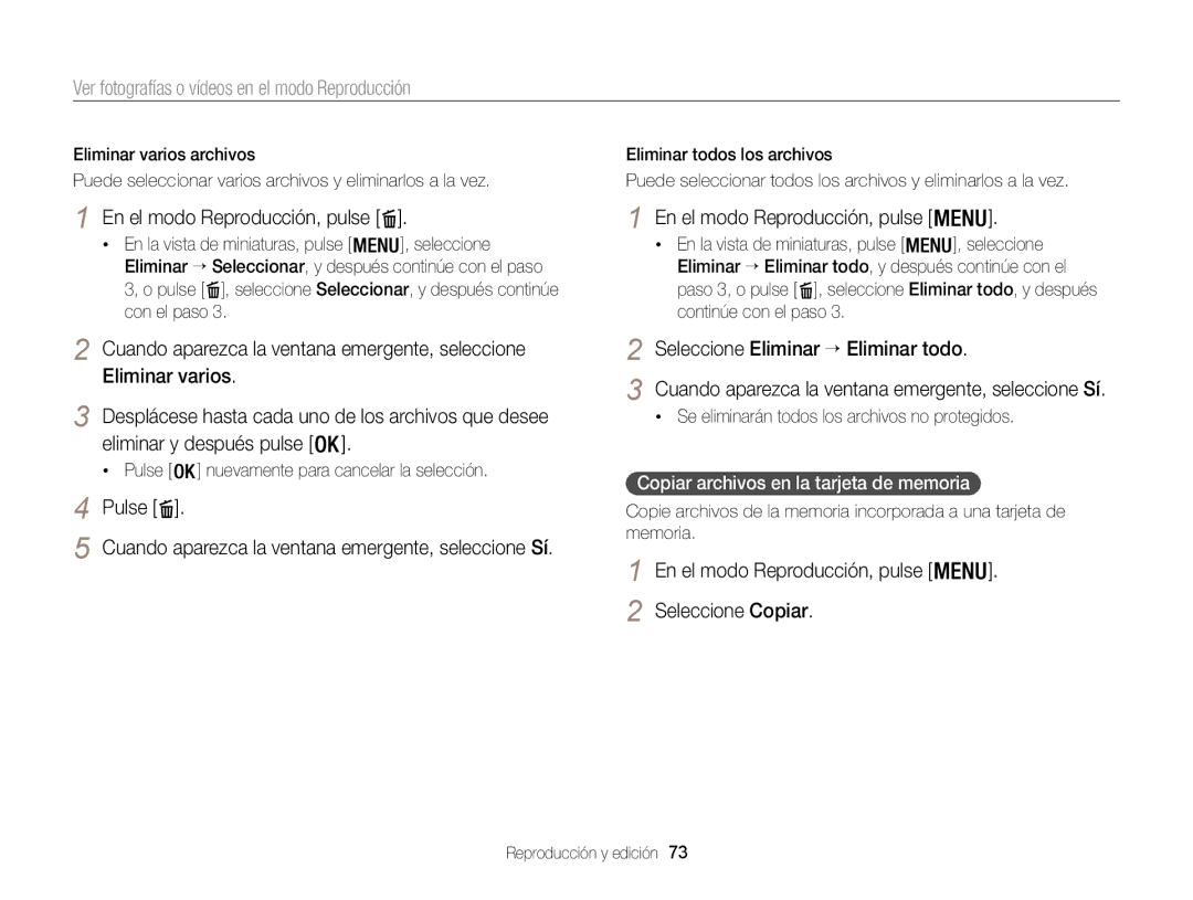 Samsung EC-WB100ZBABIL, EC-WB100ZBARE1 manual En el modo Reproducción, pulse, Eliminar varios, Eliminar y después pulse 