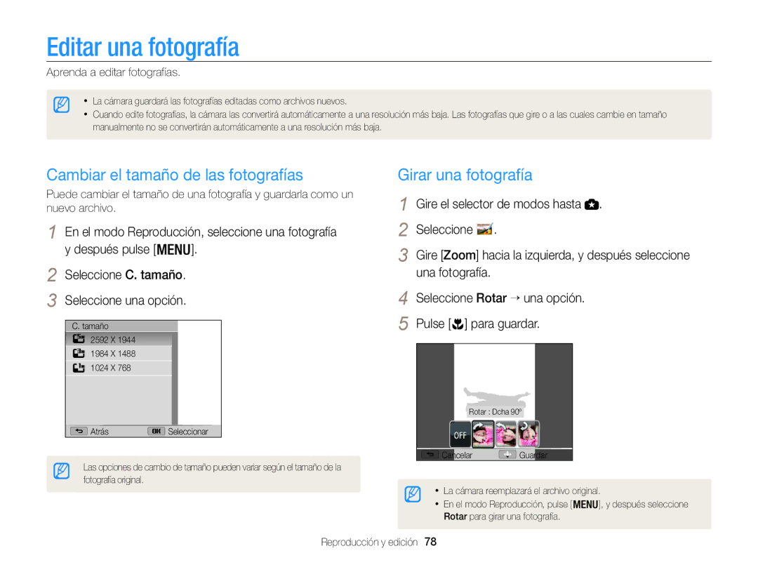 Samsung EC-WB100ZBABE1, EC-WB100ZBARE1 Editar una fotografía, Cambiar el tamaño de las fotografías, Girar una fotografía 