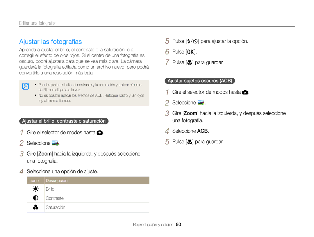 Samsung EC-WB100ZBARE1 Ajustar las fotografías, Seleccione una opción de ajuste, Ajustar el brillo, contraste o saturación 