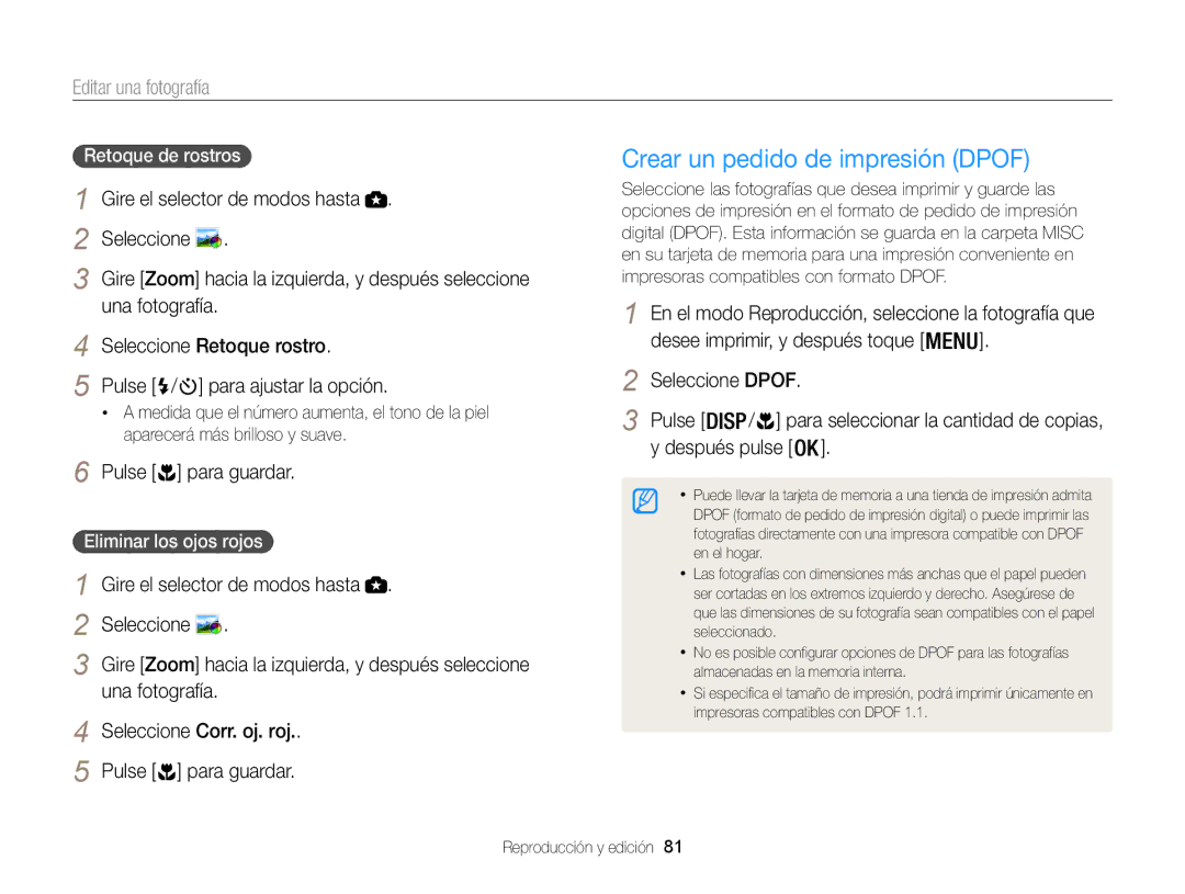 Samsung EC-WB100ZBABE1 Crear un pedido de impresión Dpof, Seleccione Retoque rostro, Pulse / , Seleccione Corr. oj. roj 