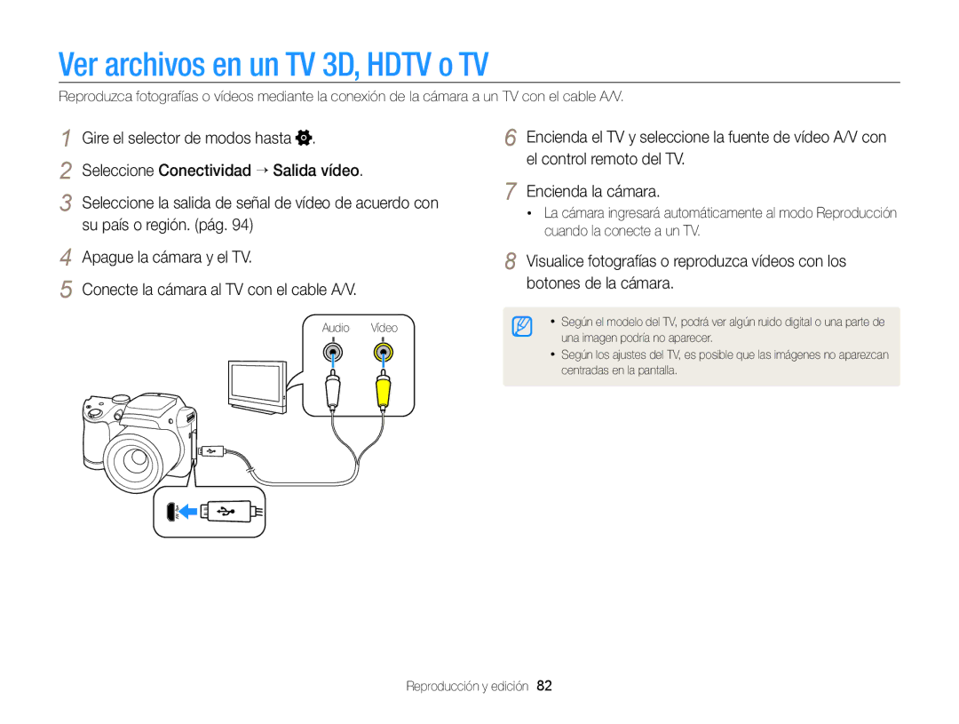 Samsung EC-WB100ZBABIL Ver archivos en un TV 3D, Hdtv o TV, Seleccione Conectividad → Salida vídeo, Su país o región. pág 