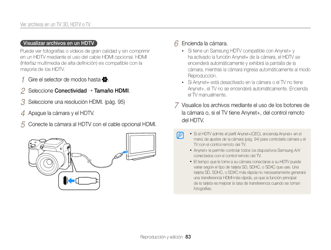 Samsung EC-WB100ZBARE1 manual Ver archivos en un TV 3D, Hdtv o TV, Encienda la cámara, Visualizar archivos en un Hdtv 