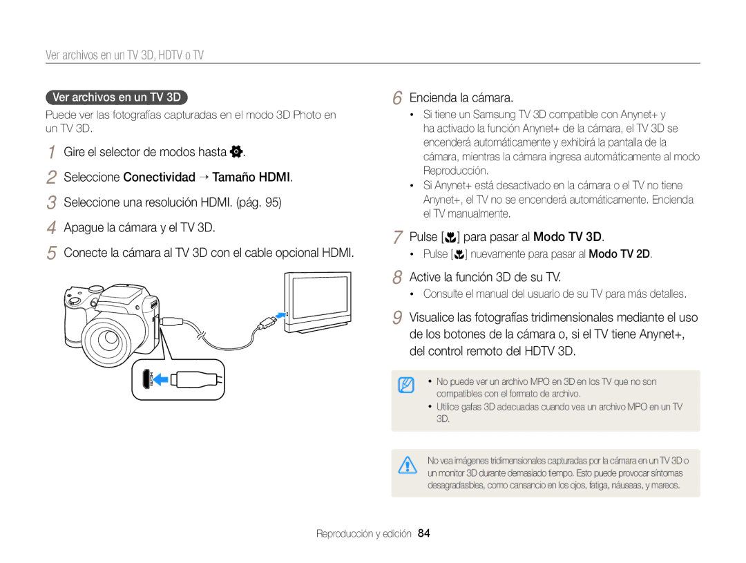 Samsung EC-WB100ZBABE1, EC-WB100ZBARE1, EC-WB100ZBABIL manual Pulse para pasar al Modo TV 3D, Ver archivos en un TV 3D 