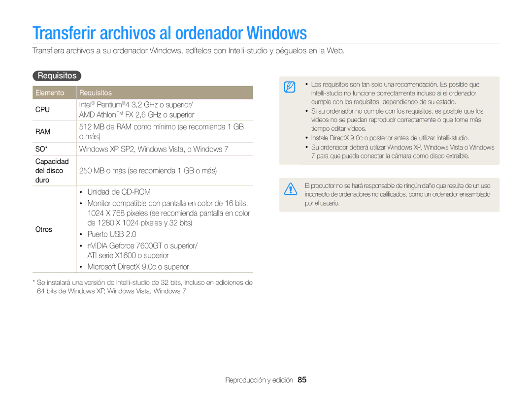 Samsung EC-WB100ZBABIL, EC-WB100ZBARE1, EC-WB100ZBABE1 Transferir archivos al ordenador Windows, Elemento Requisitos 